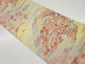 山に鶴・花々・古典柄模様織出し袋帯